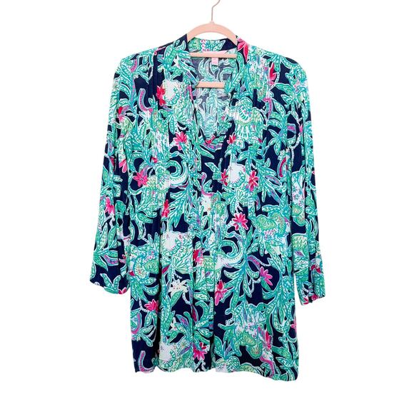 NWOT Lilly Pulitzer Sarasota Trunk Show Pintuck Tunic Top Navy Green Size XS‎ - Picture 1 of 8